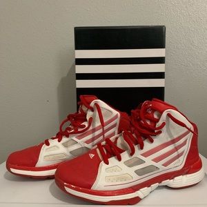 Red and white adidas adizero basketball hightop sneakers